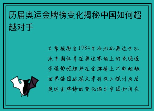 历届奥运金牌榜变化揭秘中国如何超越对手